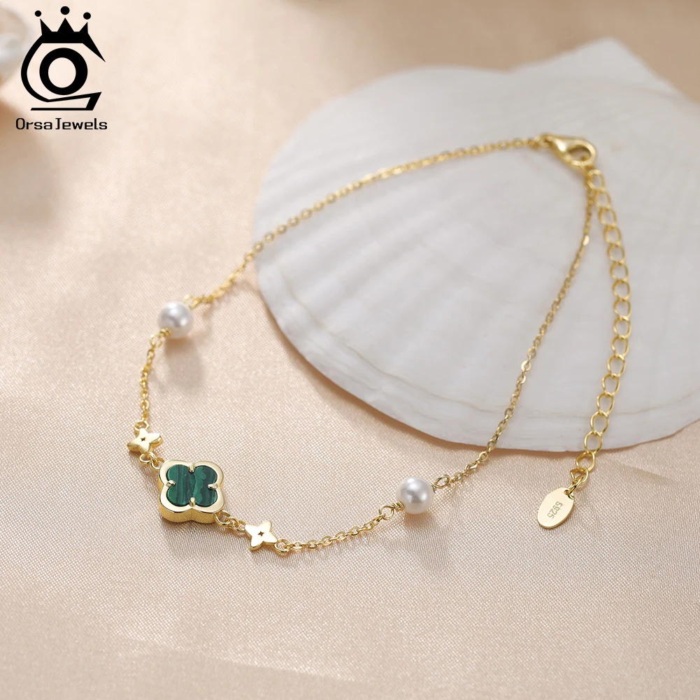 ORSA JEWELS Lucky Clover Anklet with Malachite Shell Foot Chain Handmade on the Leg Bracelet for Women 925 Silver Jewelry GMA05 thumbnail 4