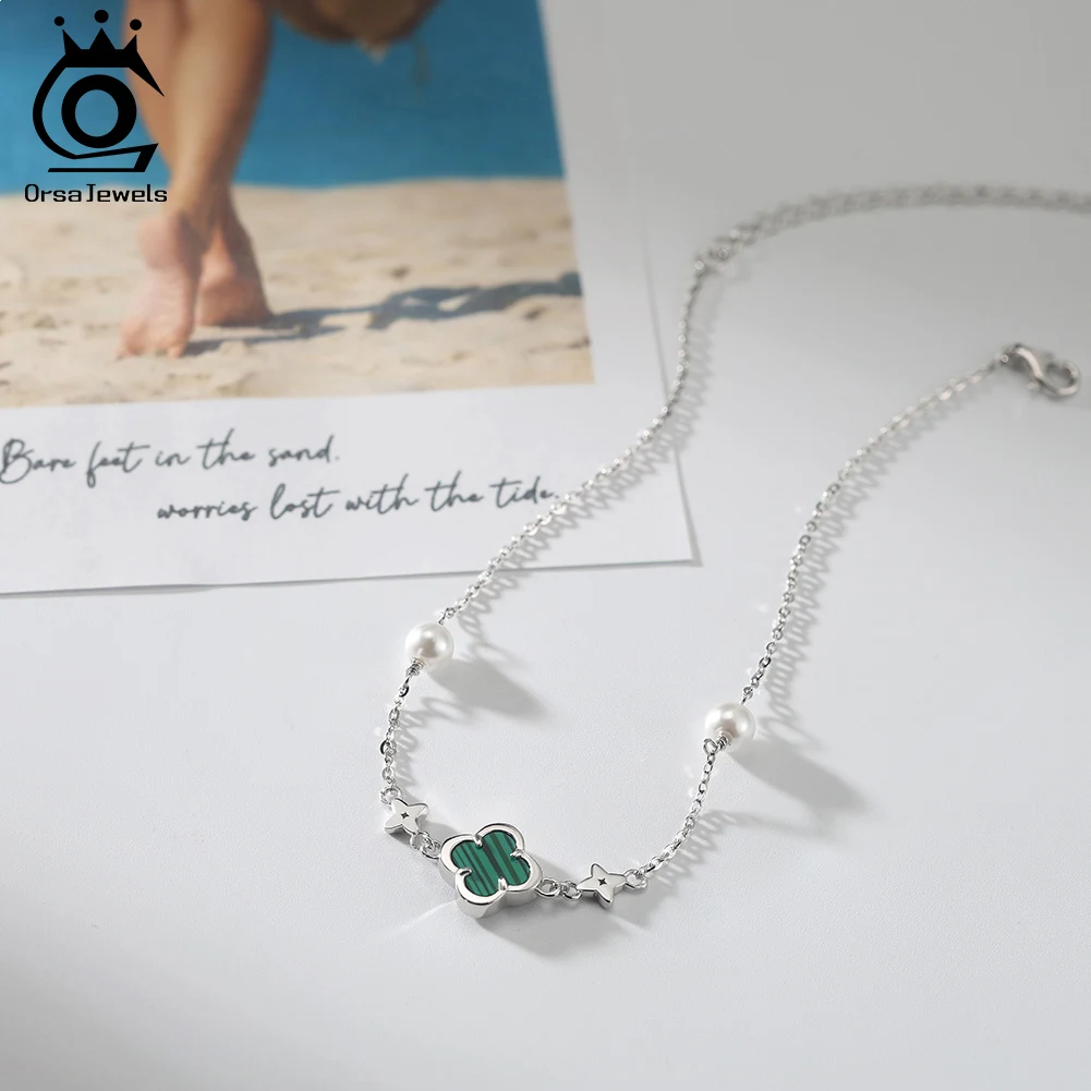 ORSA JEWELS Lucky Clover Anklet with Malachite Shell Foot Chain Handmade on the Leg Bracelet for Women 925 Silver Jewelry GMA05 thumbnail 5