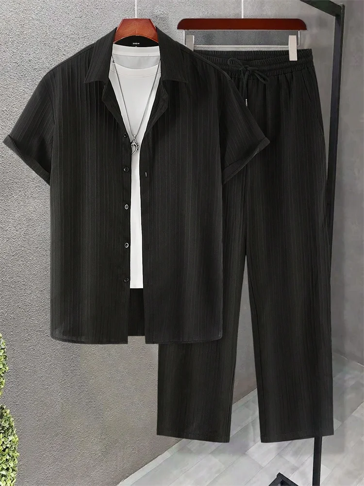 2025 Autumn Simple Solid-color Shirt 2 Pieces Long Pants Set, Urban Street Fashion Simple Men's Shirt And Long Pants Set thumbnail 4
