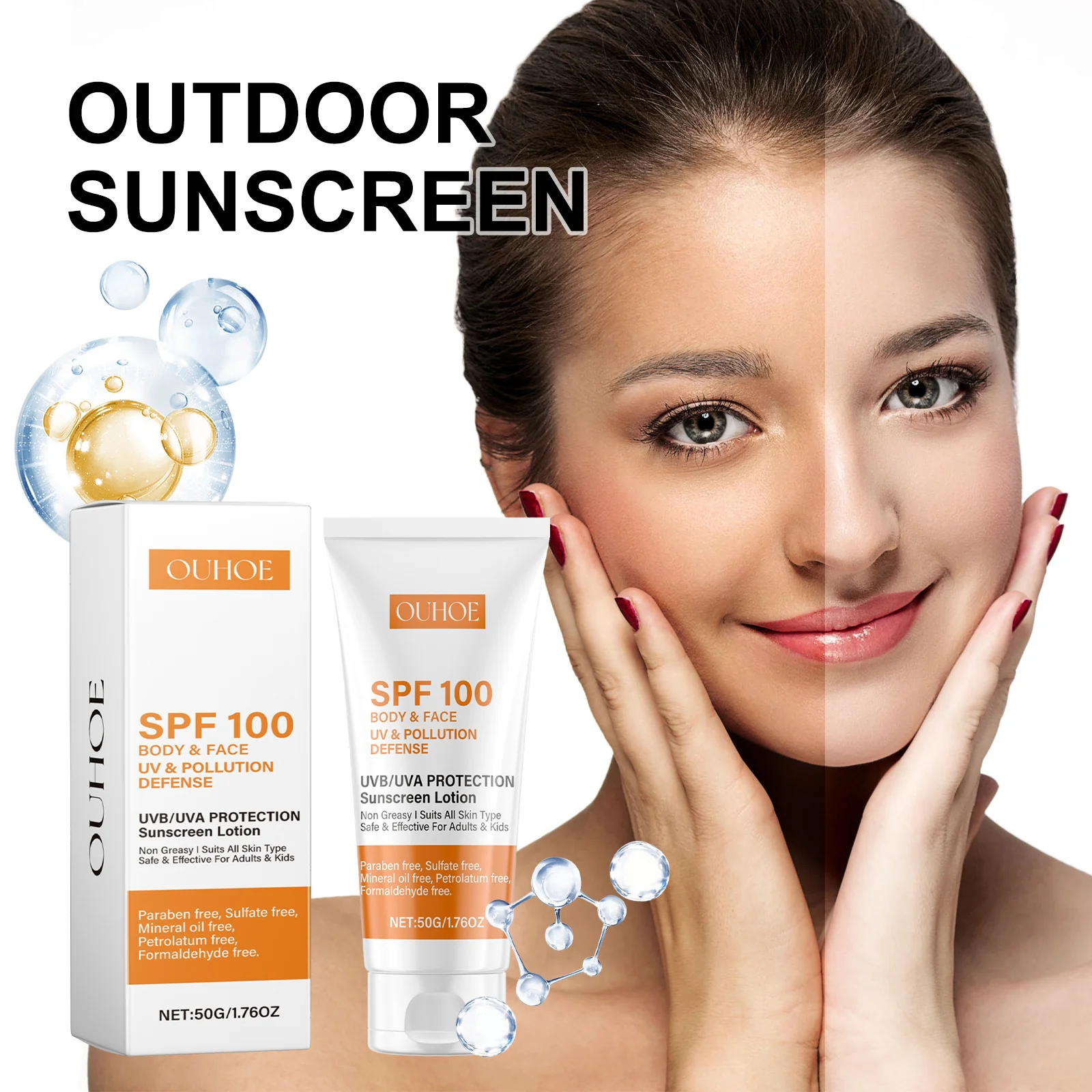 Ouhoe Body and Face Sunscreen Cream SPF 100 Protection UVA UVB Blocker Non Greasy Daily Defense for Summer Outdoor Beach Use 50g