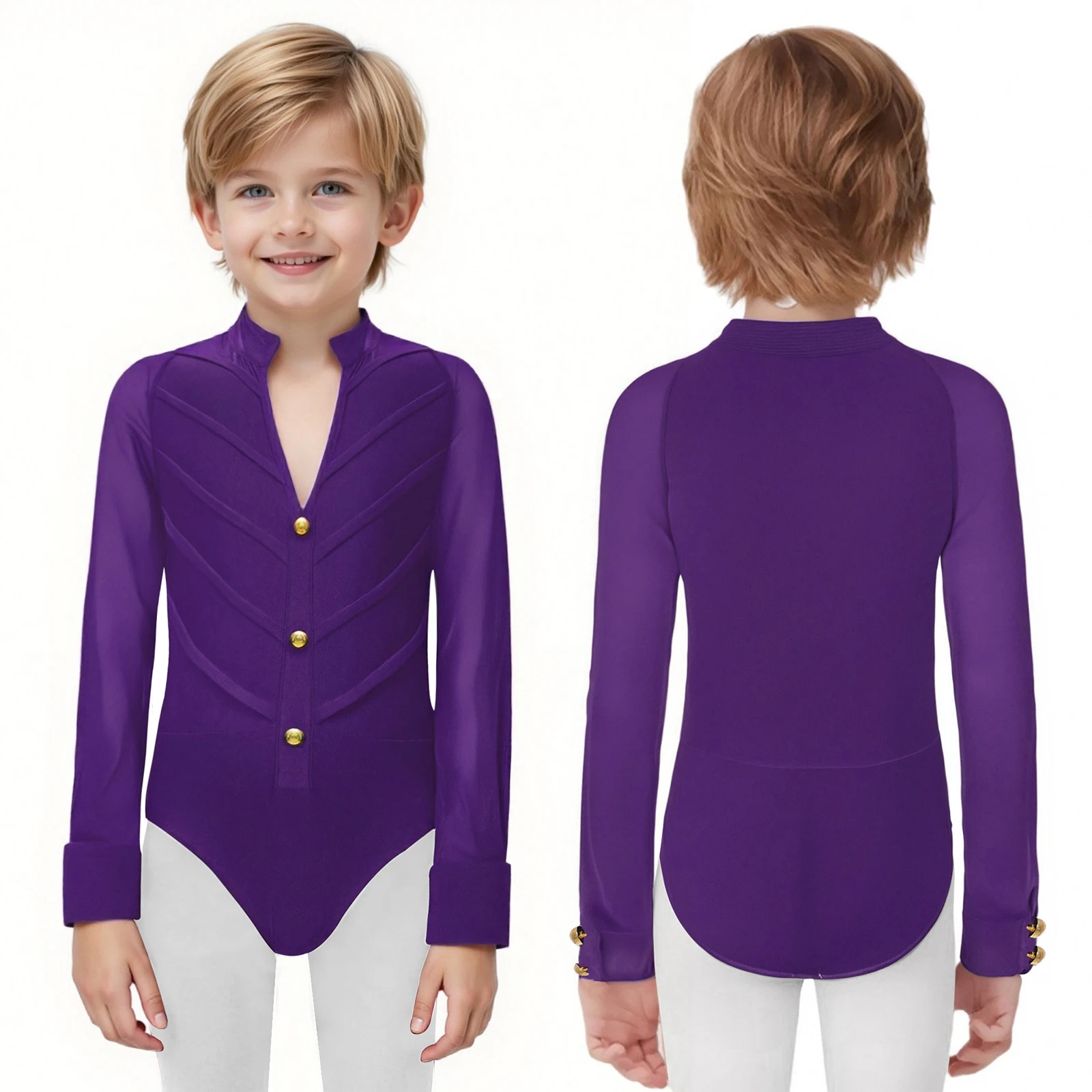 Kids Boys Latin Dance Bodysuit Glittery Rhinestones Zipper Leotard Shirt Jumpsuit for Ballet Ballroom Competition Performance thumbnail 5