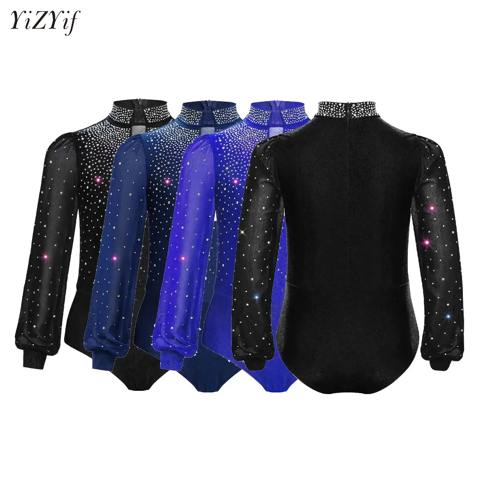 Kids Boys Latin Dance Bodysuit Glittery Rhinestones Zipper Leotard Shirt Jumpsuit for Ballet Ballroom Competition Performance