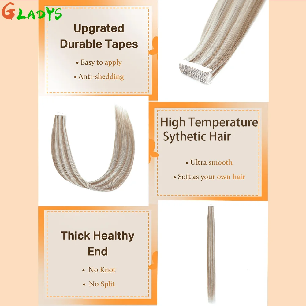 Gladys 20Pcs/pack Ombre Brown Straight Synthetic Tape In Hair Extensions 26 Inch 50g Double Sided Adhesive Tape Hair Extensions thumbnail 4