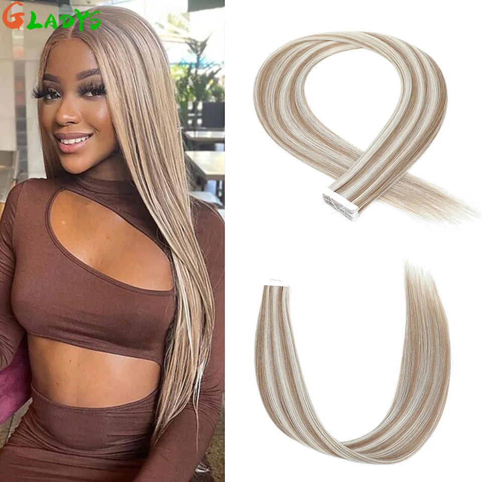 Gladys 20Pcs/pack Ombre Brown Straight Synthetic Tape In Hair Extensions 26 Inch 50g Double Sided Adhesive Tape Hair Extensions