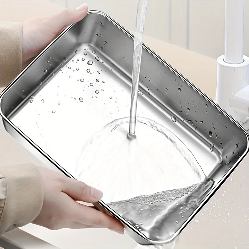 Stainless Steel Food Storage Container Rectangle Dish with Cover Noodles Fruit Tray Lunch Box Thick Refrigerator Organizer Plate thumbnail 6