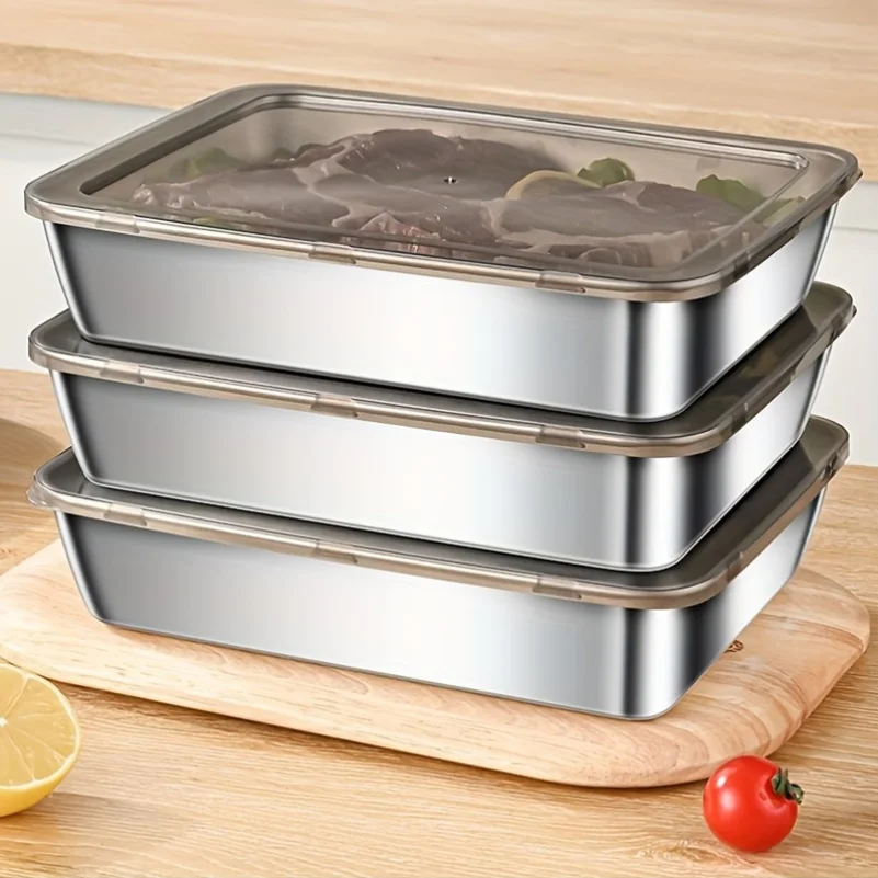 Stainless Steel Food Storage Container Rectangle Dish with Cover Noodles Fruit Tray Lunch Box Thick Refrigerator Organizer Plate thumbnail 2