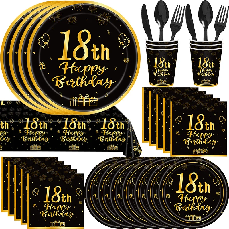 18th Birthday Party Decoration Black Gold Party Deco Balloons Tableware Cups Plates 18 Years Birthday Balloon Party Supplies Set