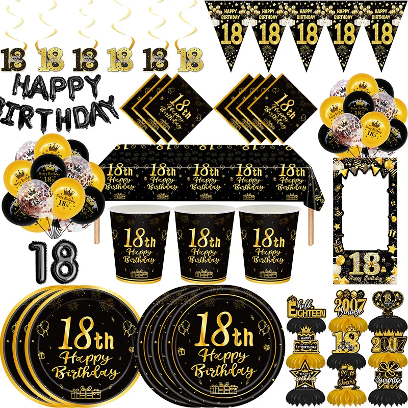 18th Birthday Party Decoration Black Gold Party Deco Balloons Tableware Cups Plates 18 Years Birthday Balloon Party Supplies Set thumbnail 4