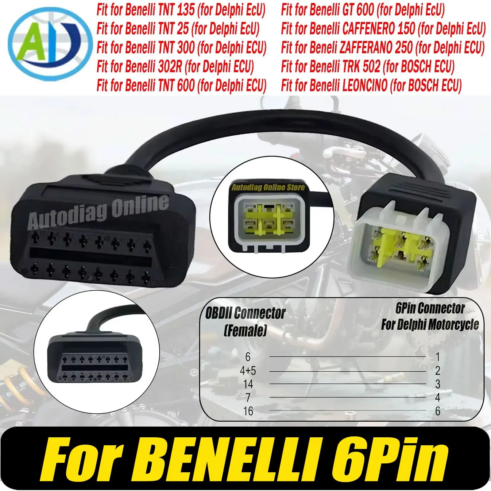 For BENELLI OBD2 Adapter Cable For TNT 25/135/300/600,GT600,TRK502,LEONCINO Motorcycle Diagnostic Cable For BOSCH ECU DELPHI ECU