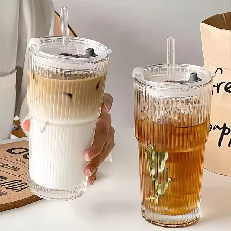 Large Capacity  Stripe Glass Coffee Cup With Lid Cover Straw Transparent Drinking Glasses For Juice Iced Coffee Mugs Drinkware thumbnail 2