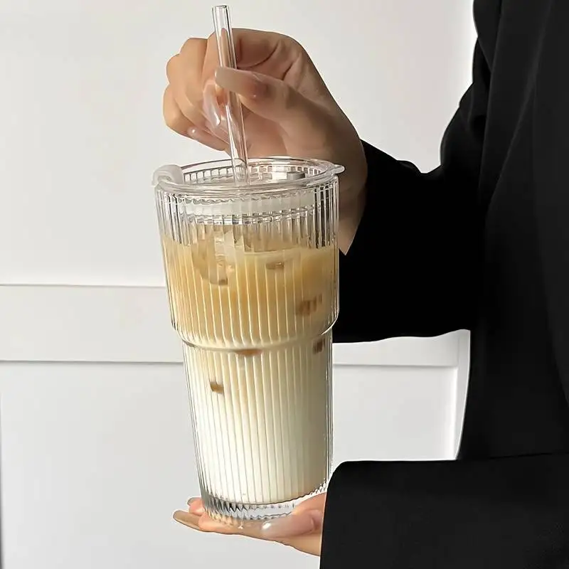 Large Capacity  Stripe Glass Coffee Cup With Lid Cover Straw Transparent Drinking Glasses For Juice Iced Coffee Mugs Drinkware thumbnail 4