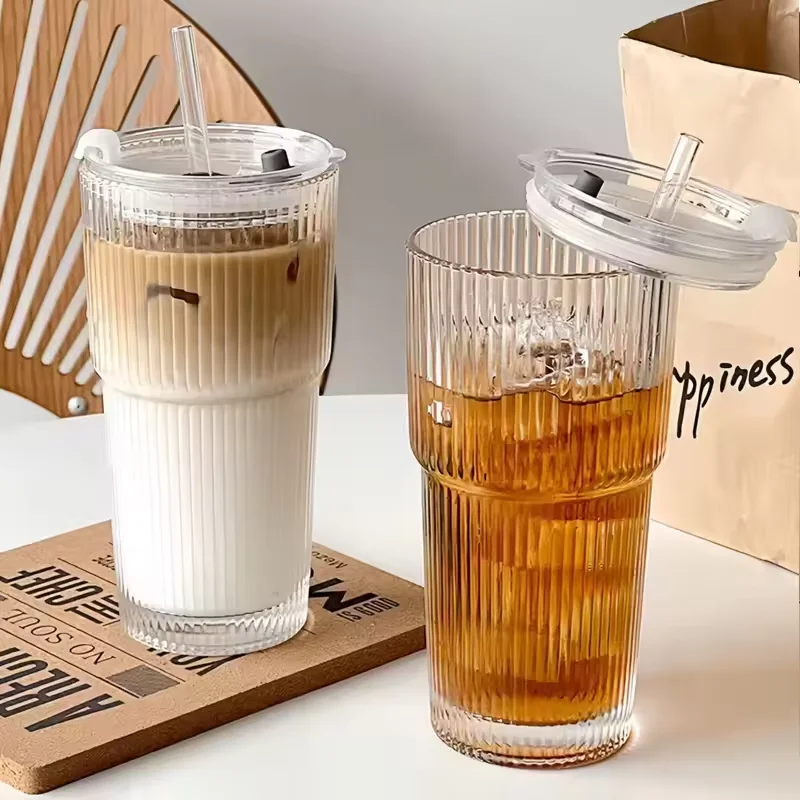 Large Capacity  Stripe Glass Coffee Cup With Lid Cover Straw Transparent Drinking Glasses For Juice Iced Coffee Mugs Drinkware thumbnail 3
