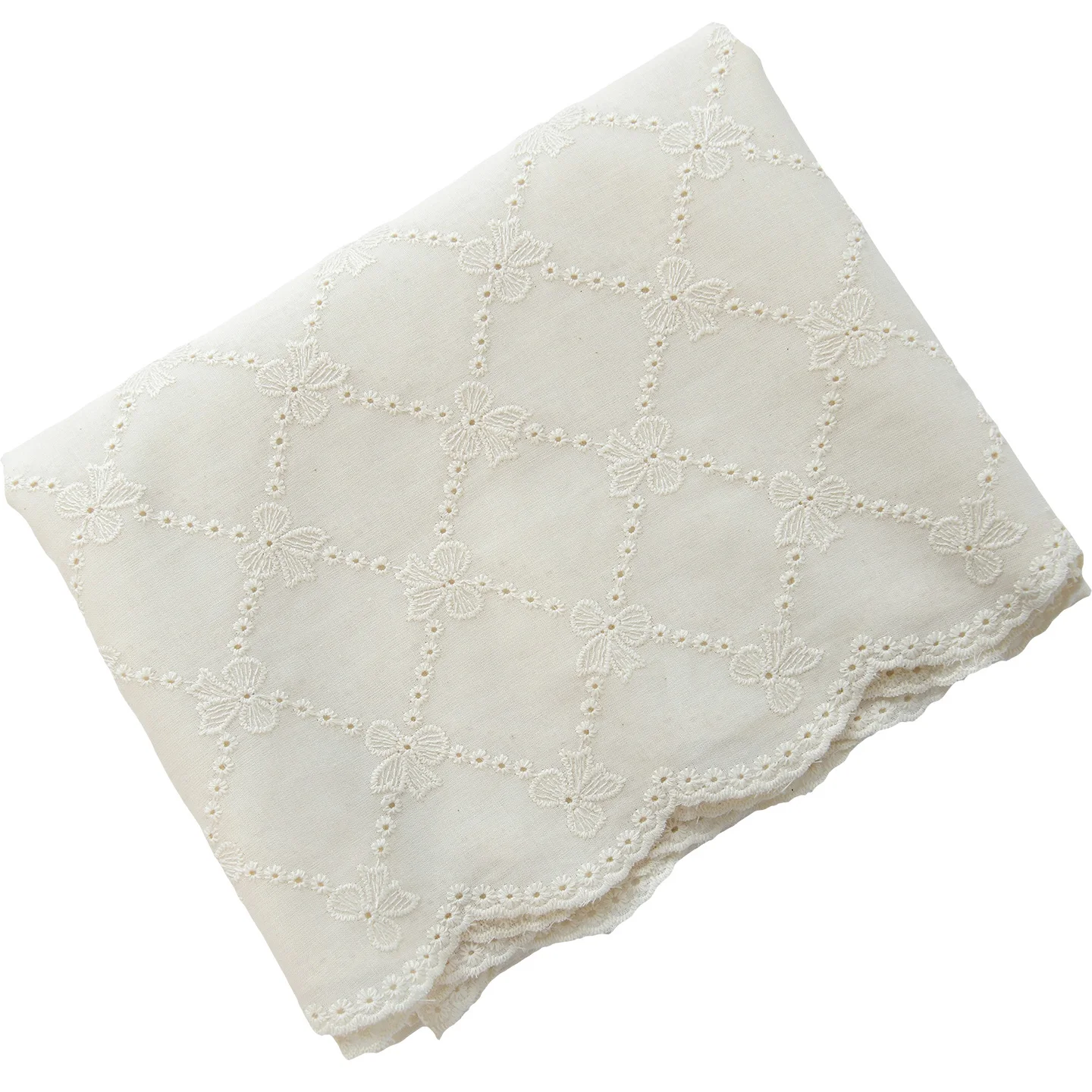 135x50cm 60s White Beige Pure Cotton Embroidered Lace Fabric Floral Embroidery Cloth for Dresses Full Width Cotton Lace Trim thumbnail 5