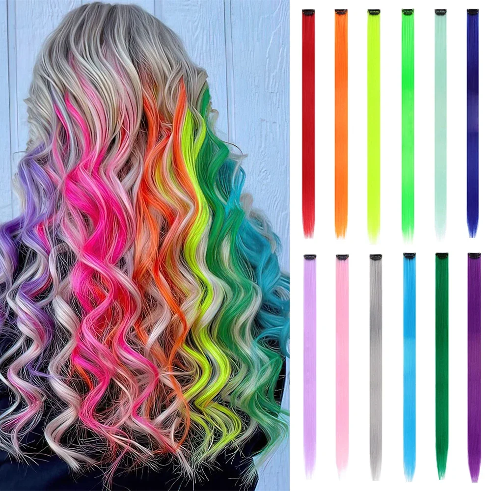 22 inches12pcs/pack Colored Party Synthetic Clip in Hair Extensions for Girls Multi-colors Straight Hair Synthetic thumbnail 6