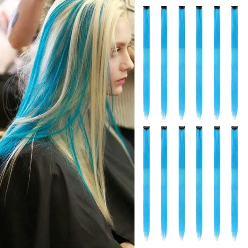 22 inches12pcs/pack Colored Party Synthetic Clip in Hair Extensions for Girls Multi-colors Straight Hair Synthetic