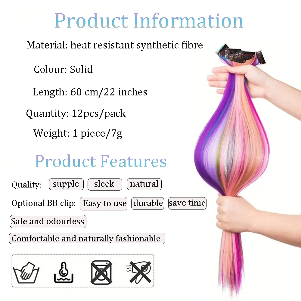 22 inches12pcs/pack Colored Party Synthetic Clip in Hair Extensions for Girls Multi-colors Straight Hair Synthetic thumbnail 2