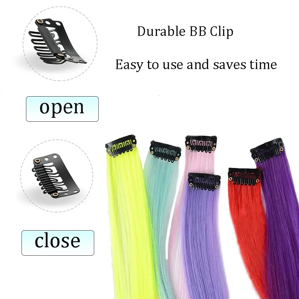 22 inches12pcs/pack Colored Party Synthetic Clip in Hair Extensions for Girls Multi-colors Straight Hair Synthetic thumbnail 3