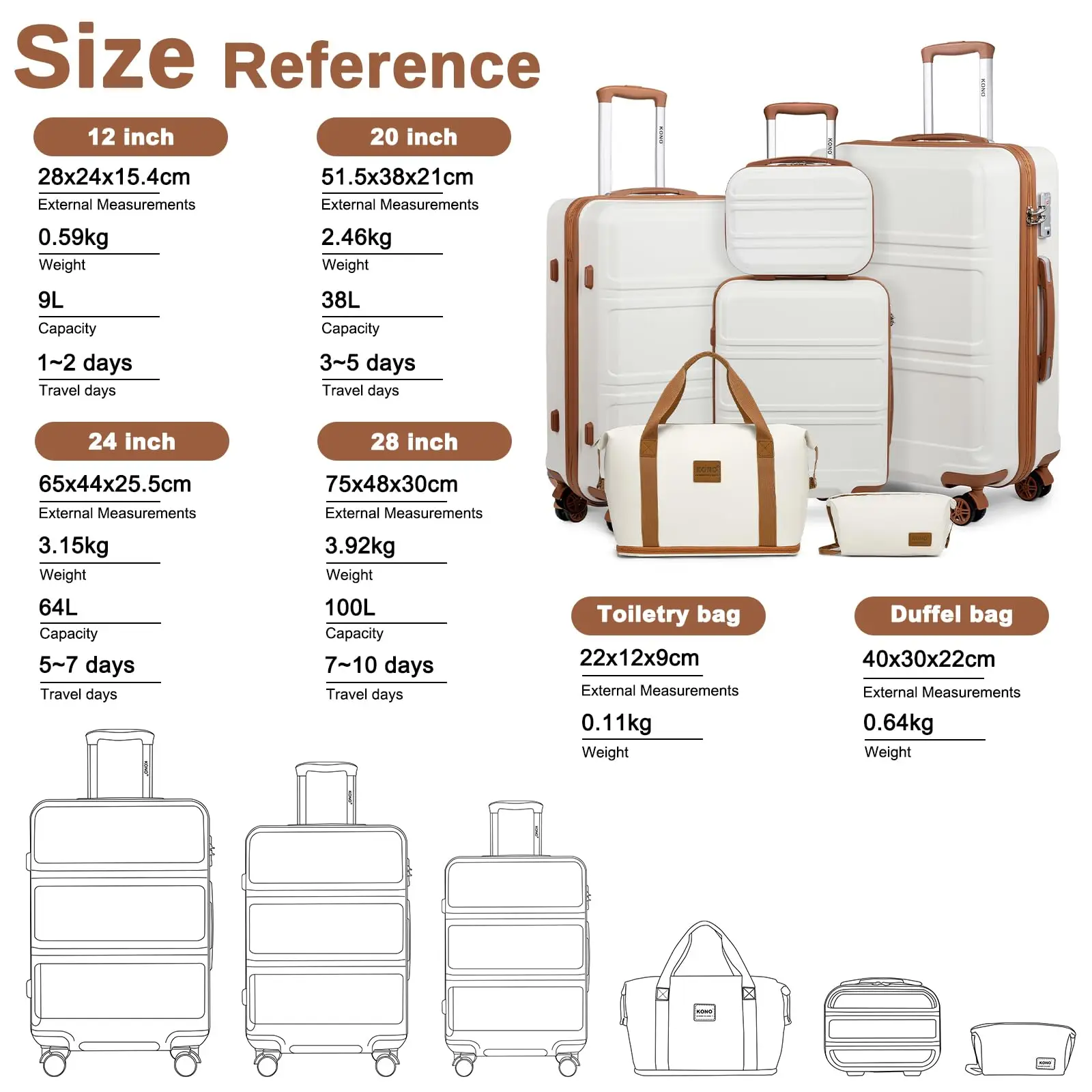 Kono  Fashion Luggage Set, Lightweight ABS Hard Shell Trolley Suitcases with TSA Lock, 4 Spinner Wheels (2/3/4/6 Pcs Set) thumbnail 2