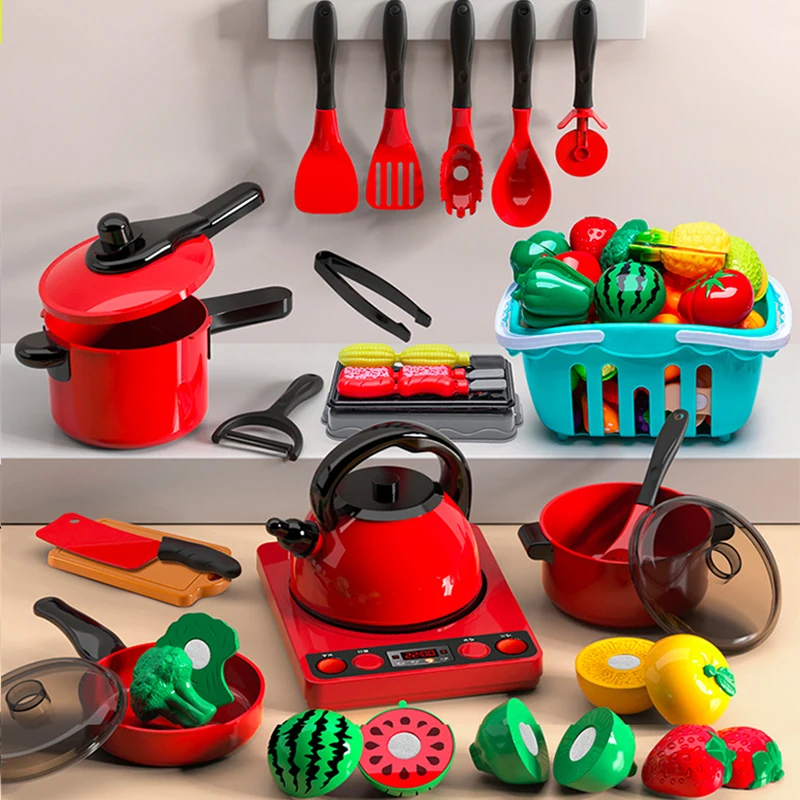 Red Kitchen Toys Kids Toys Simulation Food Cooking Girl's Boys Educational Play House Interactive Toys for Children Pretend Play thumbnail 2