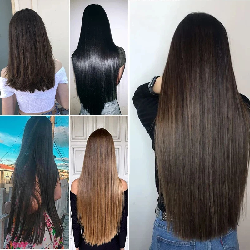 24Inch Synthetic Long Straight 5 Clips One Piece Invisible Hair Extensions Black Brown Hairpiece for Women thumbnail 6