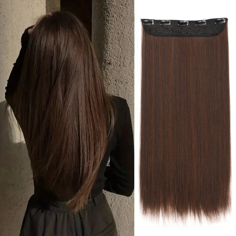 24Inch Synthetic Long Straight 5 Clips One Piece Invisible Hair Extensions Black Brown Hairpiece for Women