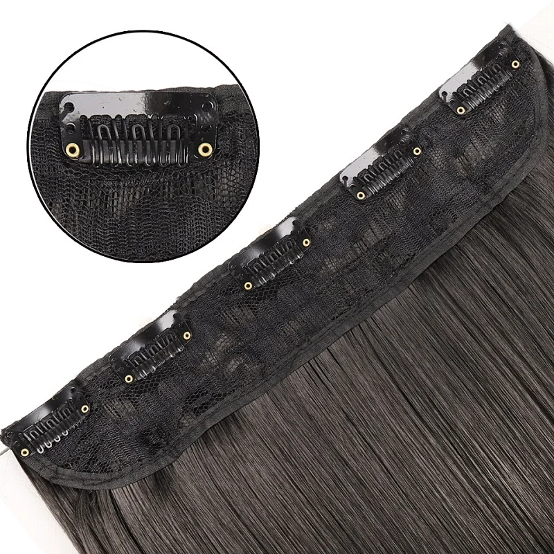 24Inch Synthetic Long Straight 5 Clips One Piece Invisible Hair Extensions Black Brown Hairpiece for Women thumbnail 3
