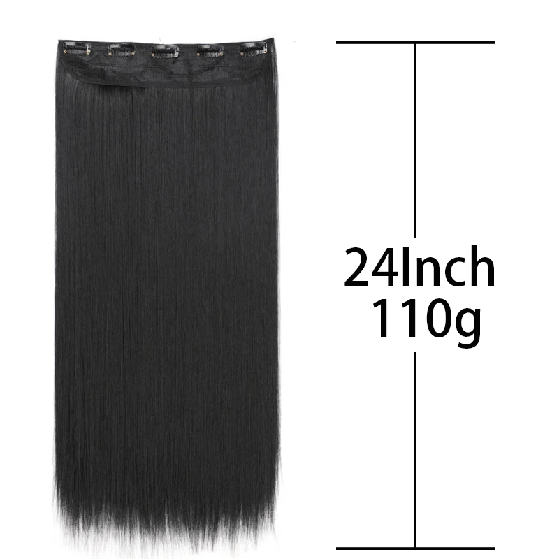 24Inch Synthetic Long Straight 5 Clips One Piece Invisible Hair Extensions Black Brown Hairpiece for Women thumbnail 2