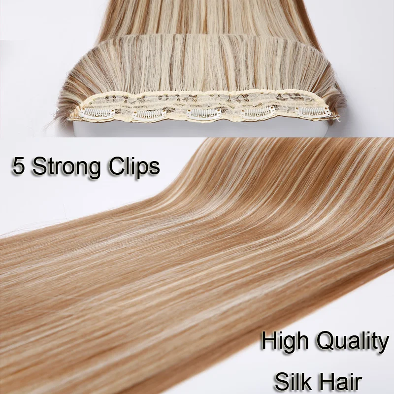 24Inch Synthetic Long Straight 5 Clips One Piece Invisible Hair Extensions Black Brown Hairpiece for Women thumbnail 4