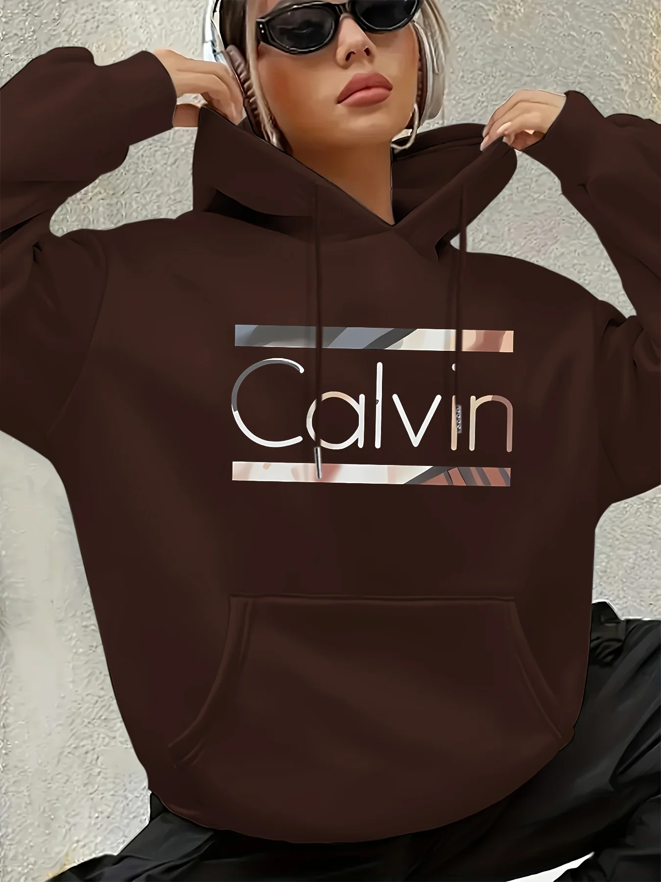 Women'S Vintage-Inspired Calvin Letter Print Hoodie Long Sleeve Kangaroo Pocket Fashion Casual HipHop Sweatshirt Harajuku Unisex thumbnail 4