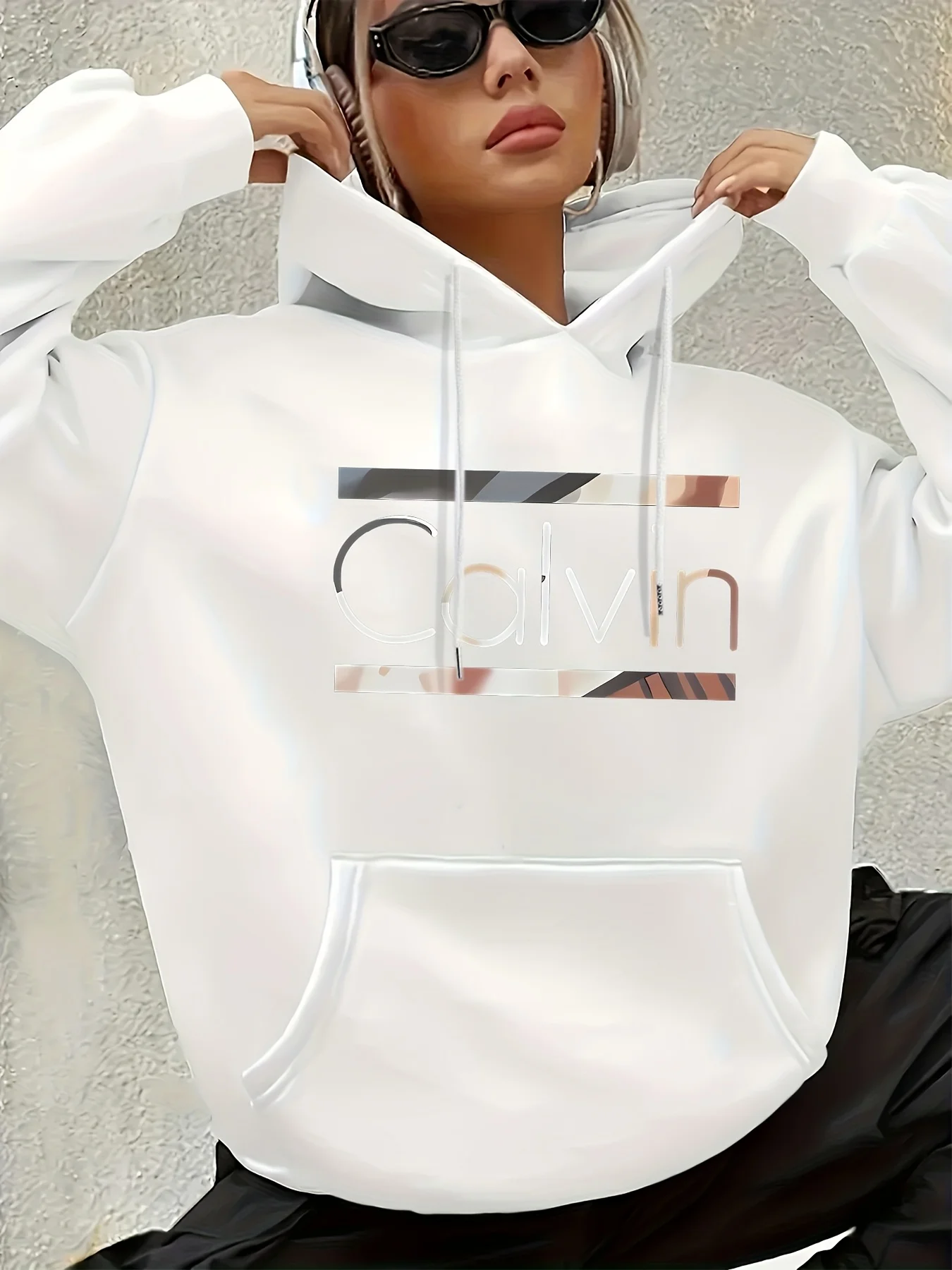 Women'S Vintage-Inspired Calvin Letter Print Hoodie Long Sleeve Kangaroo Pocket Fashion Casual HipHop Sweatshirt Harajuku Unisex thumbnail 3
