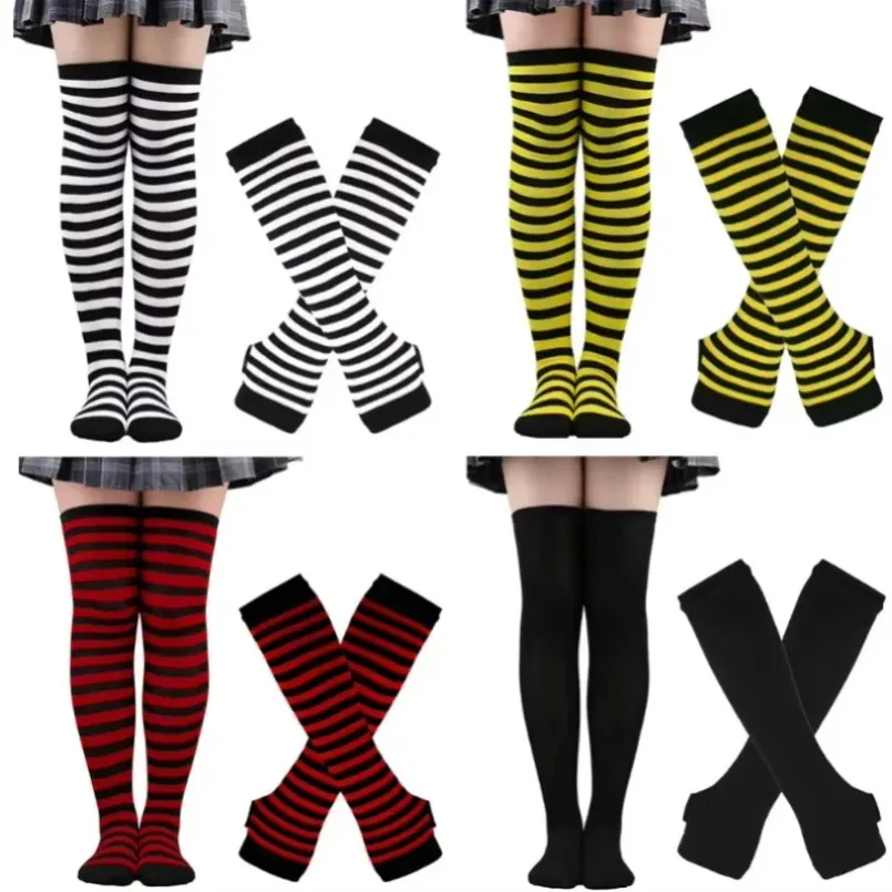 Women Thigh High Socks Arm Sleeve Gloves mittens Set Striped Stocking Ladies Girls Black White Long Over Above Knee Sock Lolita thumbnail 2