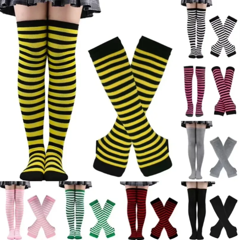 Women Thigh High Socks Arm Sleeve Gloves mittens Set Striped Stocking Ladies Girls Black White Long Over Above Knee Sock Lolita thumbnail 5