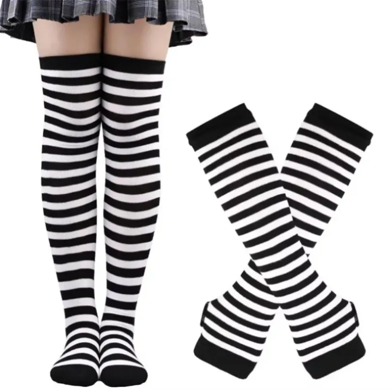 Women Thigh High Socks Arm Sleeve Gloves mittens Set Striped Stocking Ladies Girls Black White Long Over Above Knee Sock Lolita thumbnail 4