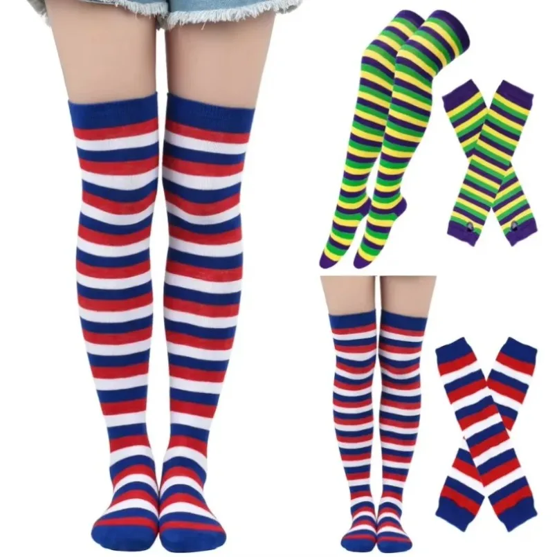 Women Thigh High Socks Arm Sleeve Gloves mittens Set Striped Stocking Ladies Girls Black White Long Over Above Knee Sock Lolita thumbnail 3