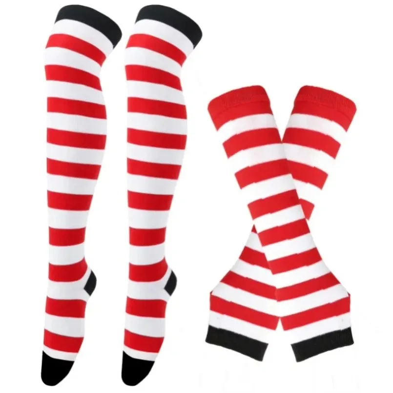 Women Thigh High Socks Arm Sleeve Gloves mittens Set Striped Stocking Ladies Girls Black White Long Over Above Knee Sock Lolita thumbnail 6