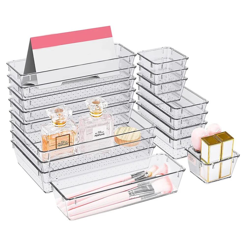 25pc Drawer Organizers Set Clear Plastic Desk Dividers Bins Bedroom Dresser Office Storage Box for Makeup Jewelries Gadgets thumbnail 6
