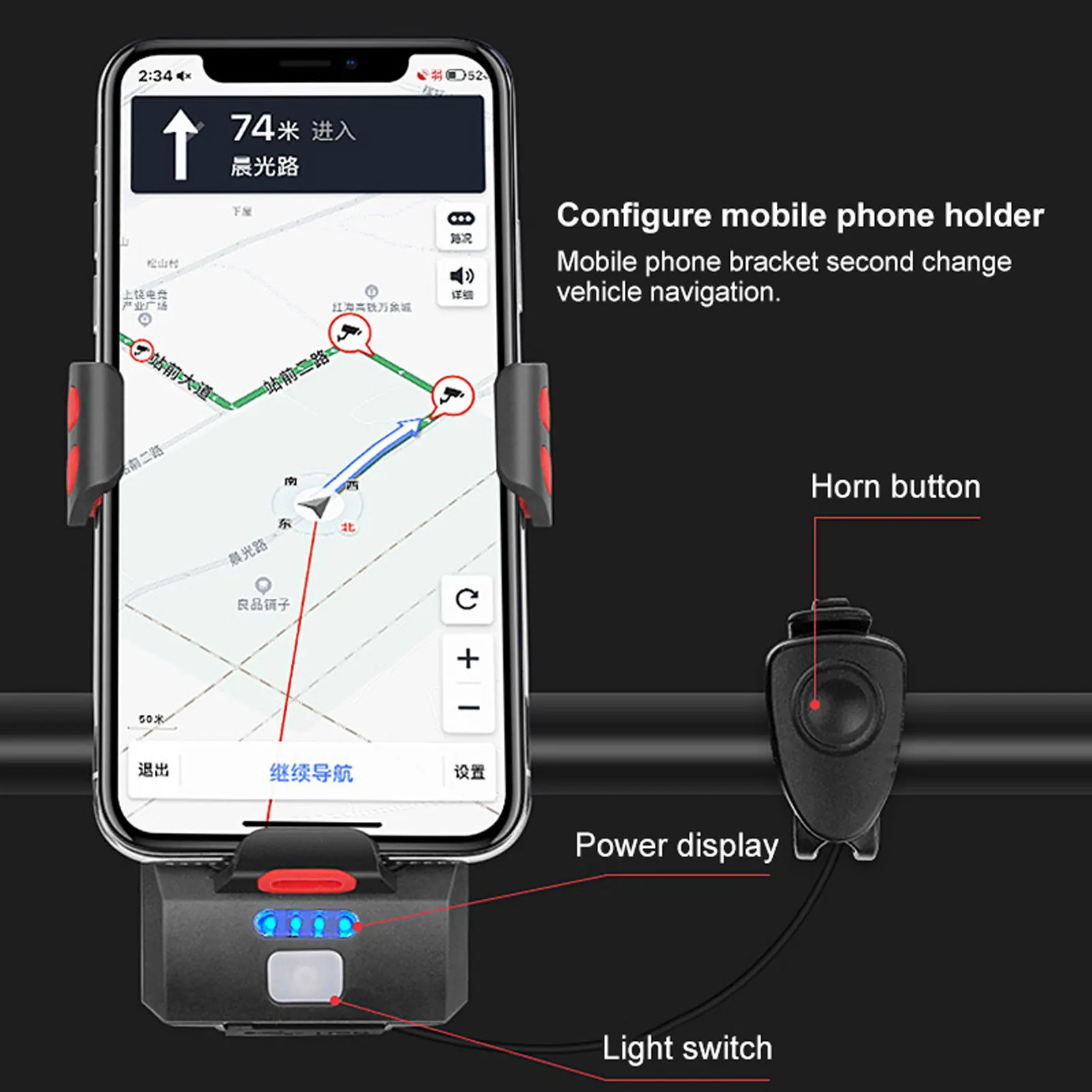 4 in 1 Bike Headlight Bike Front Light Phone Holder for Cycling Bracket Bicycle Horn Waterproof Rechargeable Power Bank Function thumbnail 4