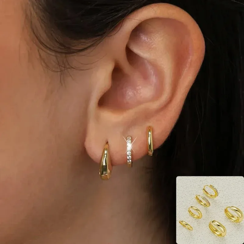 8pcs Fashion Stainless Steel Crystal Circle Huggie Earrings for Women 18K Gold Plated Dangle Hoop Earring Punk Jewelry Gifts thumbnail 4