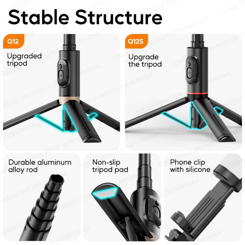 Q12/Q12s Wireless Bluetooth Selfie Stick Tripod for Smartphones Stable and Balanced Shooting, with Hidden Mount Portable Bracket thumbnail 3