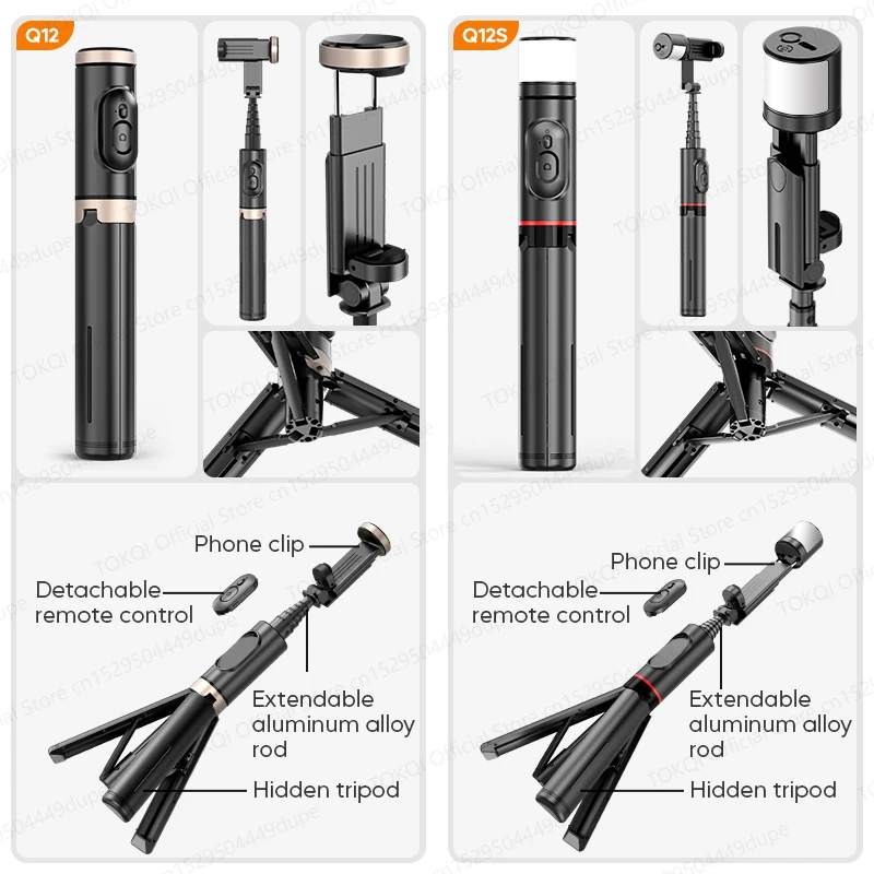 Q12/Q12s Wireless Bluetooth Selfie Stick Tripod for Smartphones Stable and Balanced Shooting, with Hidden Mount Portable Bracket thumbnail 4