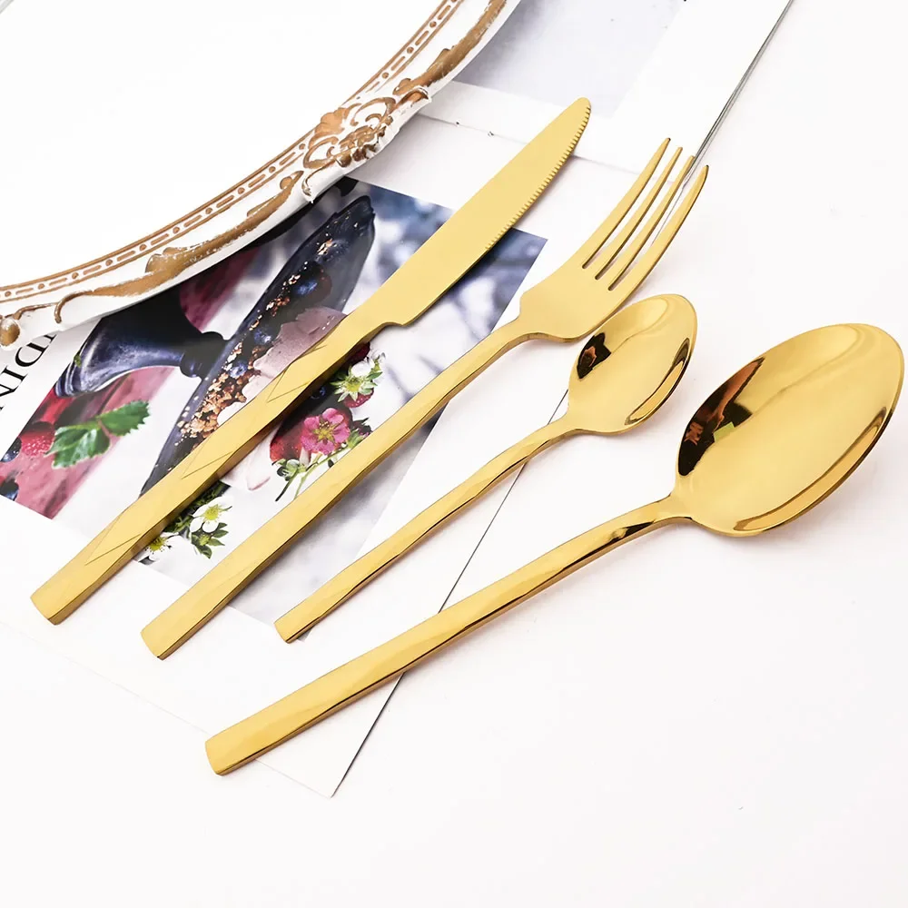 Western 4Pcs Stainless Steel Dinnerware Diamond Shaped Knife Fork Spoons Cutlery Set Restaurant Kitchen Tableware Flatware Set thumbnail 2