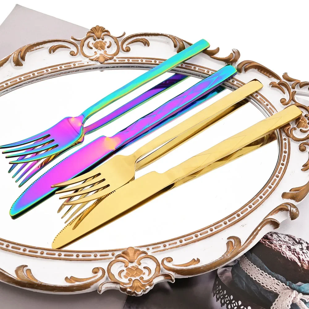 Western 4Pcs Stainless Steel Dinnerware Diamond Shaped Knife Fork Spoons Cutlery Set Restaurant Kitchen Tableware Flatware Set thumbnail 4