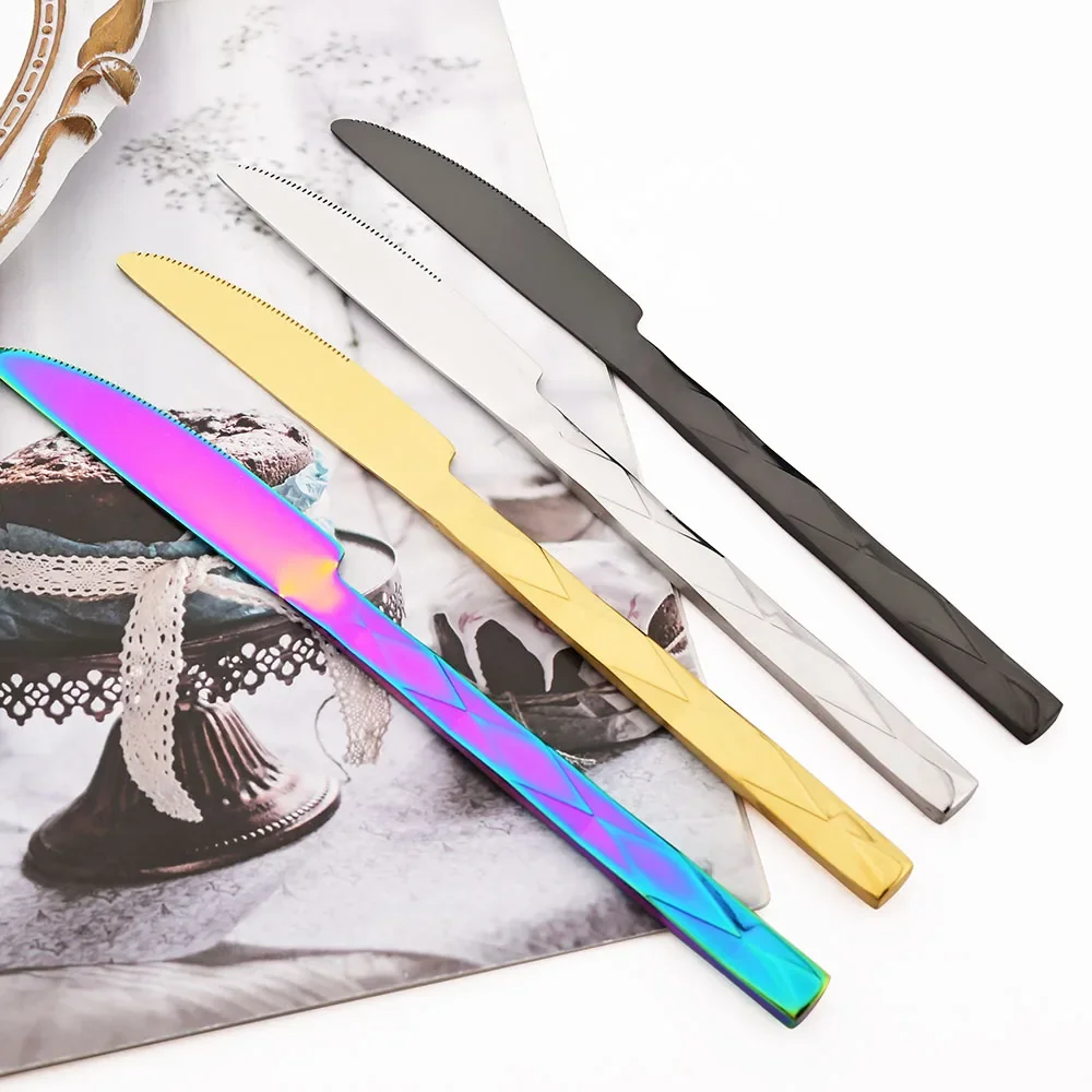 Western 4Pcs Stainless Steel Dinnerware Diamond Shaped Knife Fork Spoons Cutlery Set Restaurant Kitchen Tableware Flatware Set thumbnail 5