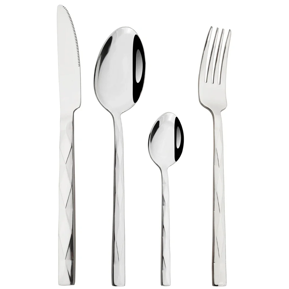 Western 4Pcs Stainless Steel Dinnerware Diamond Shaped Knife Fork Spoons Cutlery Set Restaurant Kitchen Tableware Flatware Set