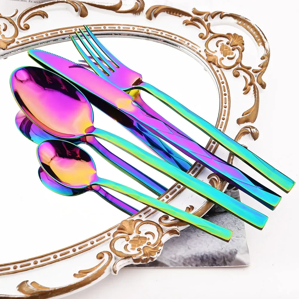 Western 4Pcs Stainless Steel Dinnerware Diamond Shaped Knife Fork Spoons Cutlery Set Restaurant Kitchen Tableware Flatware Set thumbnail 6