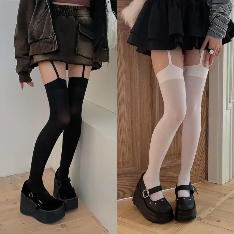 Women Suspender Wide-banded Velvet Tights Lolita Thin Thigh High Stockings with Garters Y2K JK College Style Over The Knee Socks thumbnail 3