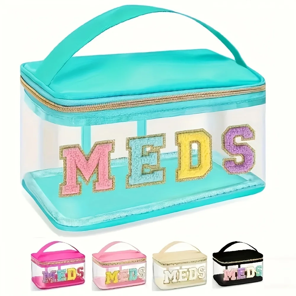 Chenille Letter Patch Toiletry Bag MEDS Makeup Bag Transparent Travel Medicine Storage Bag with Handle Cosmetic Organizer