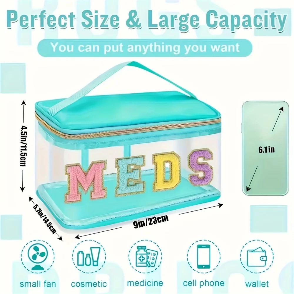 Chenille Letter Patch Toiletry Bag MEDS Makeup Bag Transparent Travel Medicine Storage Bag with Handle Cosmetic Organizer thumbnail 2