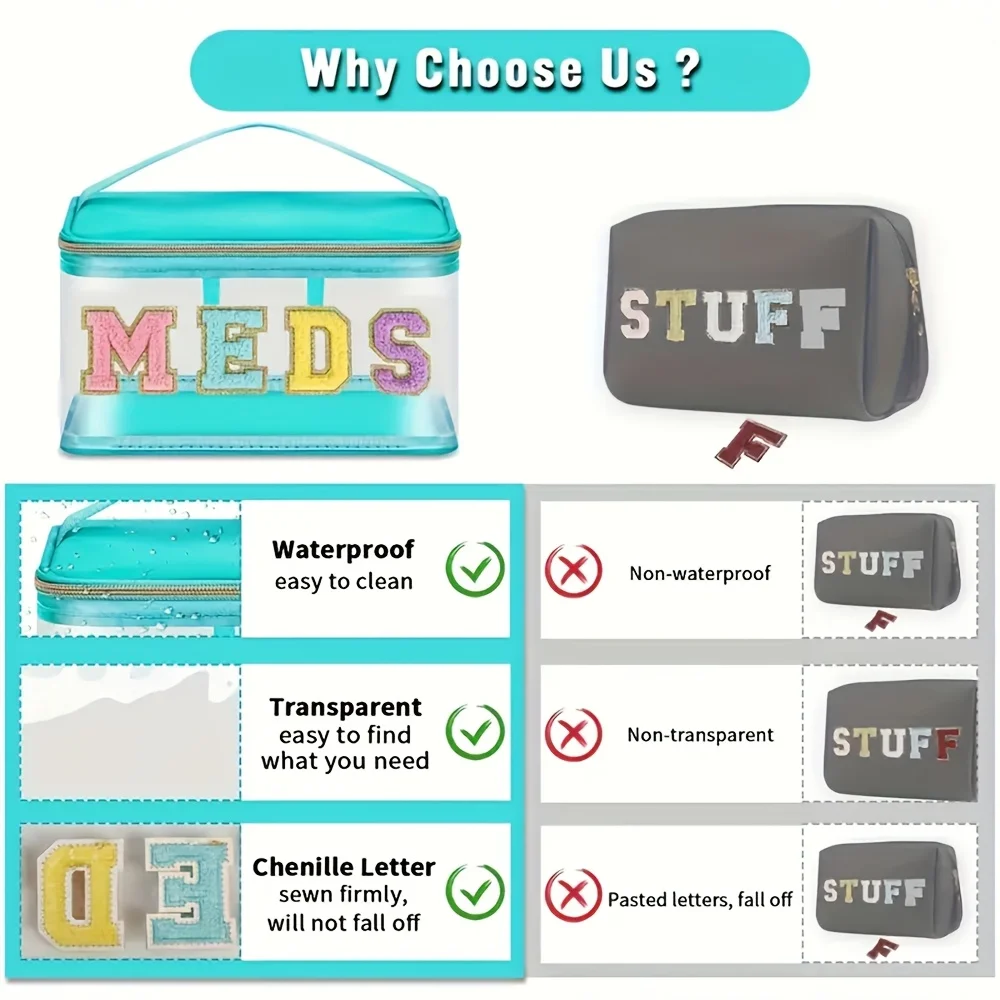 Chenille Letter Patch Toiletry Bag MEDS Makeup Bag Transparent Travel Medicine Storage Bag with Handle Cosmetic Organizer thumbnail 3
