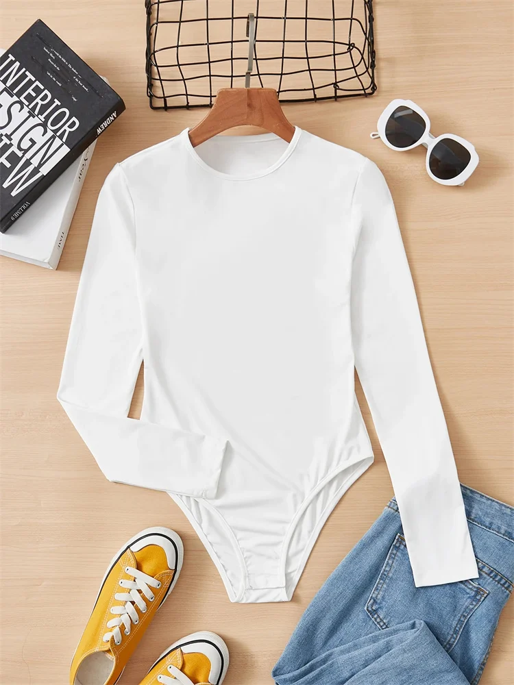 Women Basic Long Sleeve Round Neck Blouse Bodysuit Autumn Winter Casual Solid Color Slim Fit Bodycon Jumpsuit Streetwear thumbnail 6